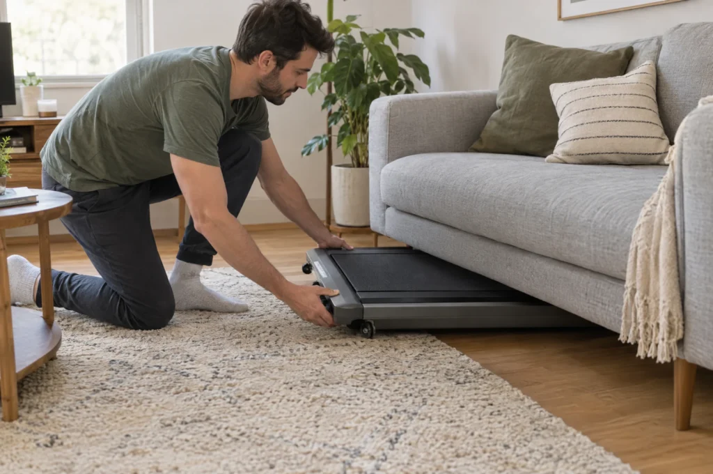 A man sliding a flat walking pad under the sofa in a small apartment