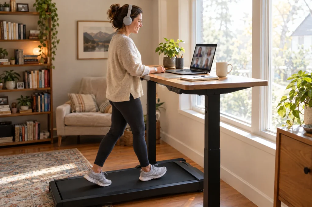 A woman walking on a walking pad under her standing desk during a video call