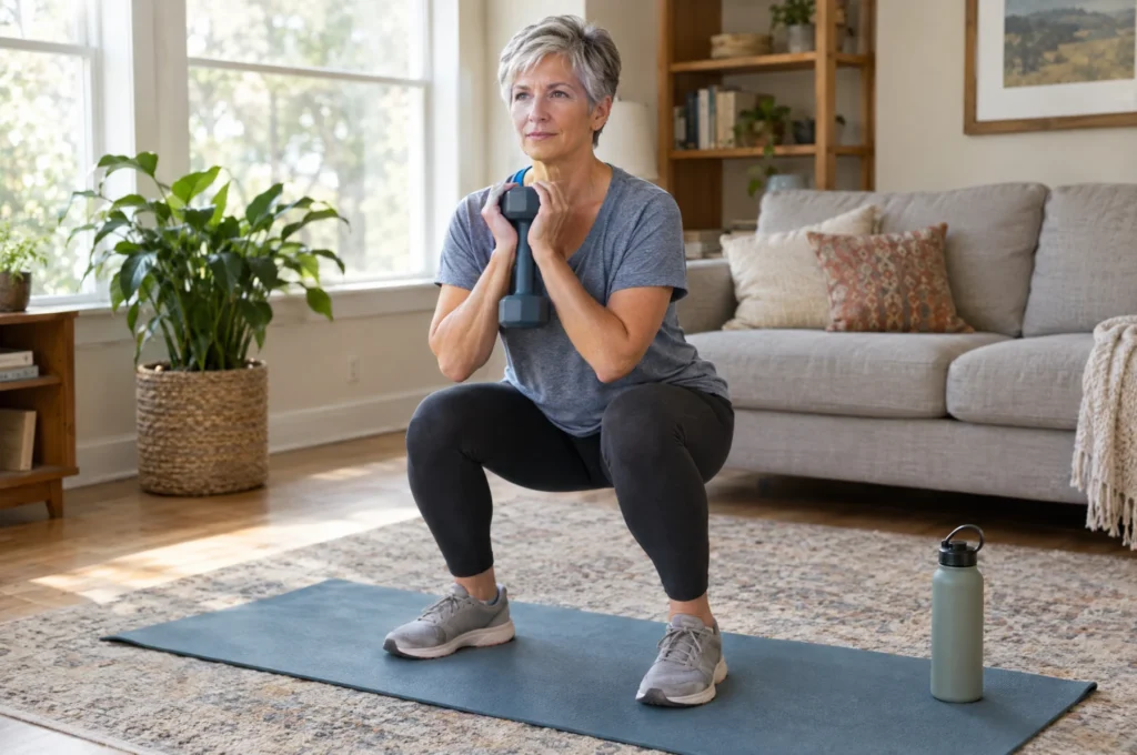 A woman in her 50s doing a goblet squat with a light dumbbell in her living room